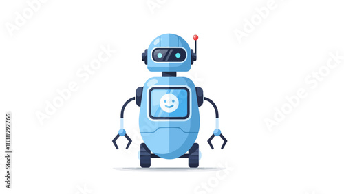 Light blue wheeled robot with screen displaying a smiley face