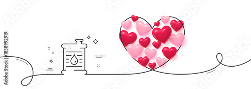 Barrel of oil line icon. Continuous line big heart. Gasoline or diesel fuel sign. Petroleum power energy symbol. 3d hearts in heart shaped loop. Oil barrel single line ribbon. Vector