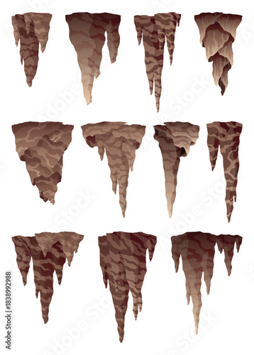 Stalactite. Icicle shaped hanging mineral formations in cave. Nature brown limestone, material stone icon. Natural growth geology formations