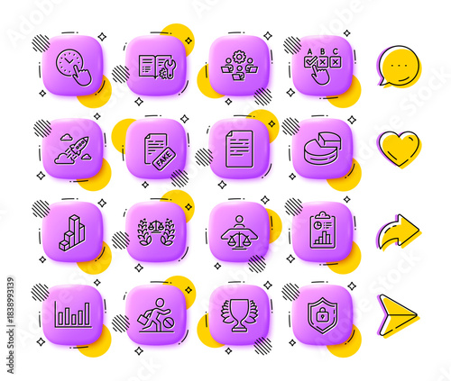 Startup rocket, Time management and Engineering documentation line icons. App 3d buttons. Social media comment, share, like icons. Pack of Teamwork, Report, Fake news icon. Vector