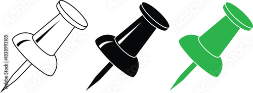 Three pushpins outline black and green on white background thumbtack stationery
