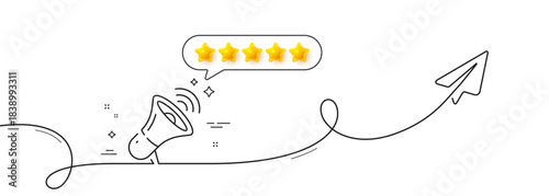 Megaphone line icon. Continuous line with share plane. Offer loudspeaker sign. Sale promotion symbol. Five star rate review in speech bubble. Megaphone single line ribbon. Loop curve pattern. Vector