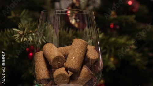 Wine corks in drinking glass, close-up. Concept of Excessive alcohol consumption during Christmas and New Year celebrations. Collecting used wine stoppers.