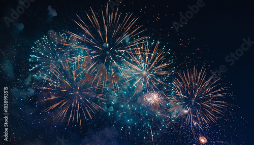 Dynamic Multicolored Fireworks Bursting in Dark Night Sky