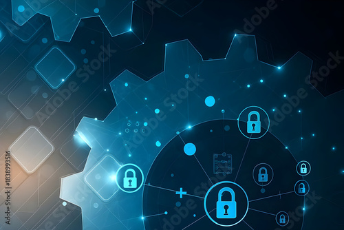 Cinematic cybersecurity abstract. Translucent mechanical gears and shapes over a dark background, glowing network nodes and connectors. Concept of data protection, encryption. Digital illustration