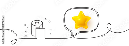 Paper wallpaper line icon. Continuous line with 3d star. Paper towels sign. Cling film roll symbol. 3d star in speech bubble. Paper wallpaper single line ribbon. Loop curve pattern. Vector