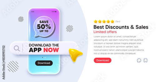 Discount mobile phone banner. App chat speech bubble. Save up to 50 percent tag. Discount Sale offer price sign. Special offer symbol. Phone template with search bar. Download the app now. Vector