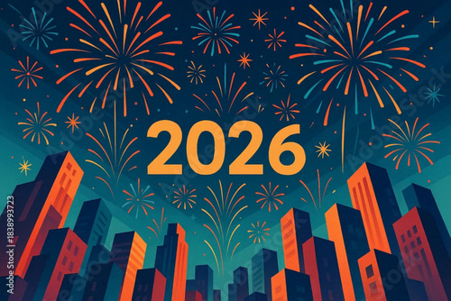 Festive New Year fireworks over city skyline welcoming 2026  