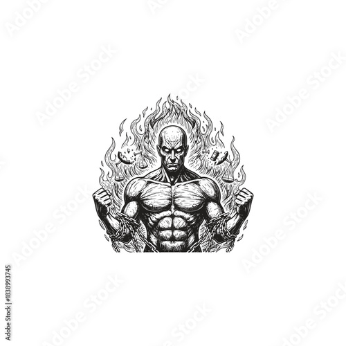 Intense vintage vector illustration of a powerful, muscular man with an expression of rage, engulfed in flames and bound by chains