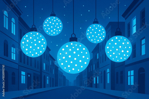 Blue Christmas ornaments hanging above quiet city street at night  