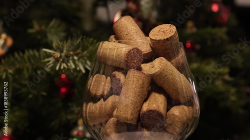 An overflowing glass with red wine corks and champagne stopper on the background of a Christmas tree. Concept of alcohol abuse during the Christmas holidays. 4K video, turntable, glass rotating.