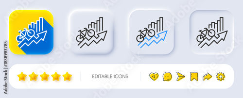 Training results line icon. Neumorphic, Flat shadow, 3d buttons. Bicycle ride chart sign. Cyclist statistics symbol. Line training results icon. Social media icons. Vector