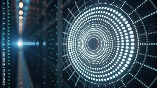 Futuristic visual featuring circular light patterns and illuminated paths, creating an abstract, digital atmosphere.