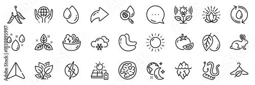 Animal tested, Salad and Cashew nut line icons pack. Share, Message, Paper plane icons. Maggots, Water analysis, Organic tested web icon. Refill water, Worms, Fair trade pictogram. Vector