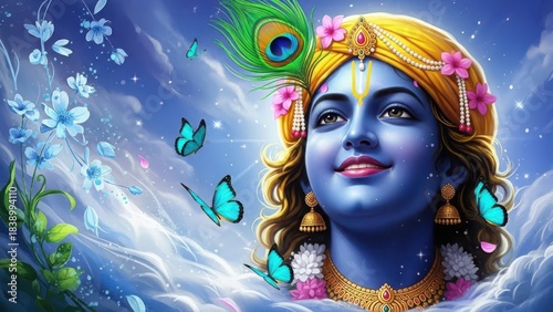 Lord Krishna Amidst Butterflies and Flowers