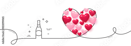Beer bottle line icon. Continuous line big heart. Pub Craft beer sign. Brewery beverage symbol. 3d hearts in heart shaped loop. Beer bottle single line ribbon. Loop curve pattern. Vector