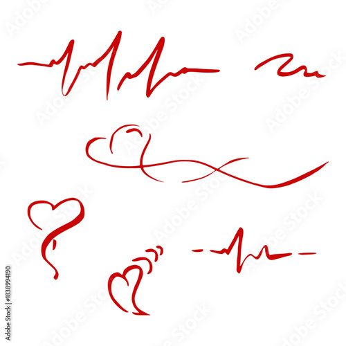 Heart symbol shapes and heartbeat pulse ECG rhythm lines, freehand expressive doodles. Vector ink set of single elements illustration. Romantic invitation, Valentine card, celebration label border.