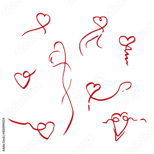 Heart motifs, ribbons in soft flowing lines. Clean airy design for modern feel. Vector single elements illustration set, hand drawn in ink. Wedding stationery, romantic scrapbooking, decoupage layout.