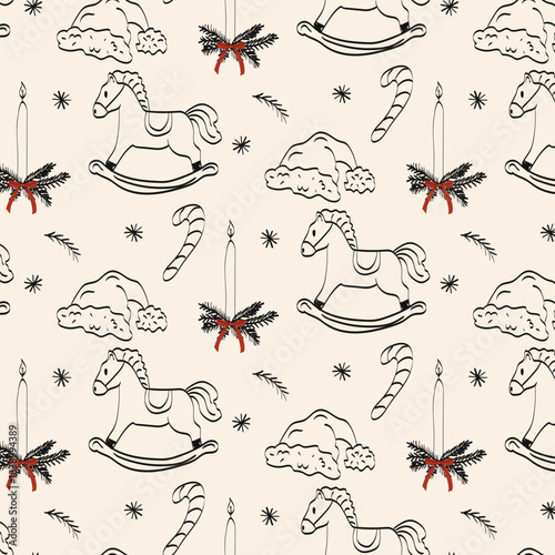 Whimsical chalk doodles of Christmas party pattern. Crayon drawing for menus and invitations. Handwritten quirky vector illustration for design