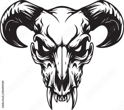 Black and white illustration of a menacing ram skull with large curved horns