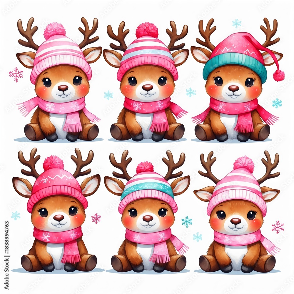 Fototapeta premium Whimsical deer characters adorned in winter accessories, set against a pristine backdrop, ready for holiday season. The deer are styled with beanies and scarfs , isolated on a white background
