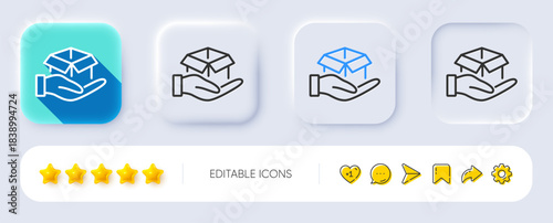 Hold open box line icon. Neumorphic, Flat shadow, 3d buttons. Delivery parcel sign. Cargo package symbol. Line hold box icon. Social media icons. Vector