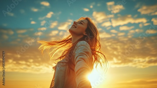 A free and happy woman enjoying nature. Concept of freedom. A beautiful girl above the sky and sun. Sunbeams. Joyful