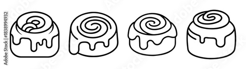 Line art cinnamon rolls with icing, minimal bakery pastry set