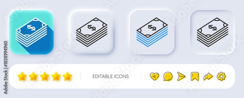 Cash money line icon. Neumorphic, Flat shadow, 3d buttons. Banking currency sign. Dollar or USD symbol. Line dollar icon. Social media icons. Vector