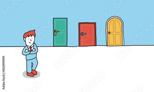 3つの選択肢　重要な選択をするために、3つのドアの前で迷うビジネスマンの男性イラストレーション