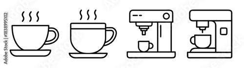 Coffee and espresso machine icons: hot beverages and brewing