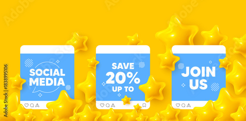 Discount social media post. Join us template mockup. Save up to 20 percent tag. Discount Sale offer price sign. Special offer symbol. Like, comment and share icons. Vector