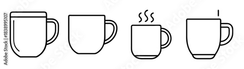 Outline vector illustrations of various coffee and tea mugs and cups