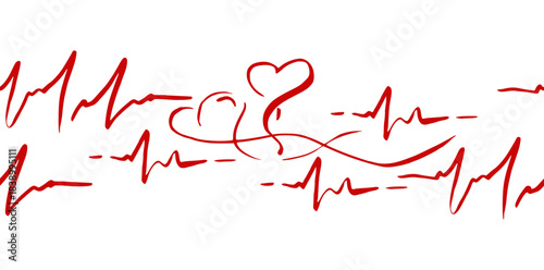 Playful heart shapes with long swirling tails and heartbeat line traces repeating border line. Hand drawn in pen and ink, vector seamless banner. Love theme, event invitation frame, cute decoration.