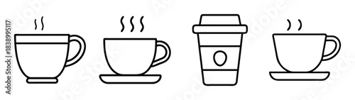Line art icons of hot coffee and tea cups, takeaway beverage