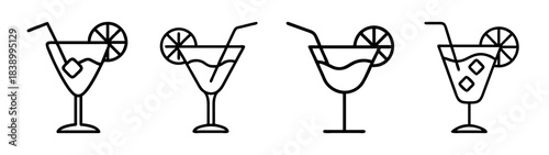 Outline cocktail drink icons set with citrus slice and straw
