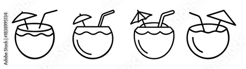 Coconut cocktail drink line art icons set with straw and umbrella