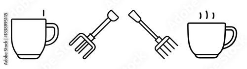 Simple line art icons: coffee cups and gardening tools concept