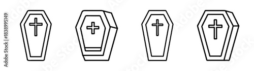 Collection of minimal coffin outline icons with cross symbol