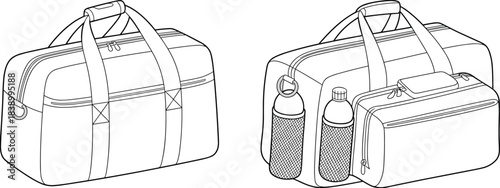Duffel bag comparison, travel gear, sports bag design, vector illustration, storage options, side pockets, zip compartments, flat vector illustration