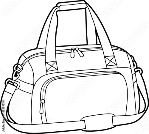 Duffel bag line drawing with handles and shoulder strap, zippered compartments and stitching detail, flat vector illustration, black outline