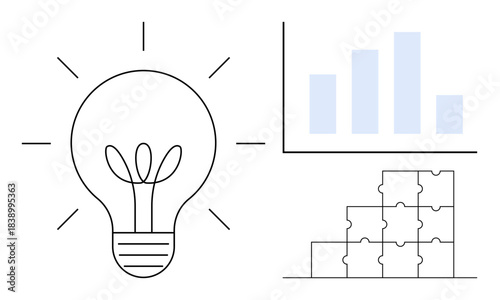 Innovation concept. Light bulb, bar chart, and puzzle pieces innovation, strategic growth, and problem-solving. Innovation in business, analytics, planning solutions teamwork