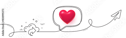 Cloud computing share line icon. Continuous line with share plane. Internet data storage sign. File hosting technology symbol. 3d heart in speech bubble. Cloud share single line ribbon. Vector