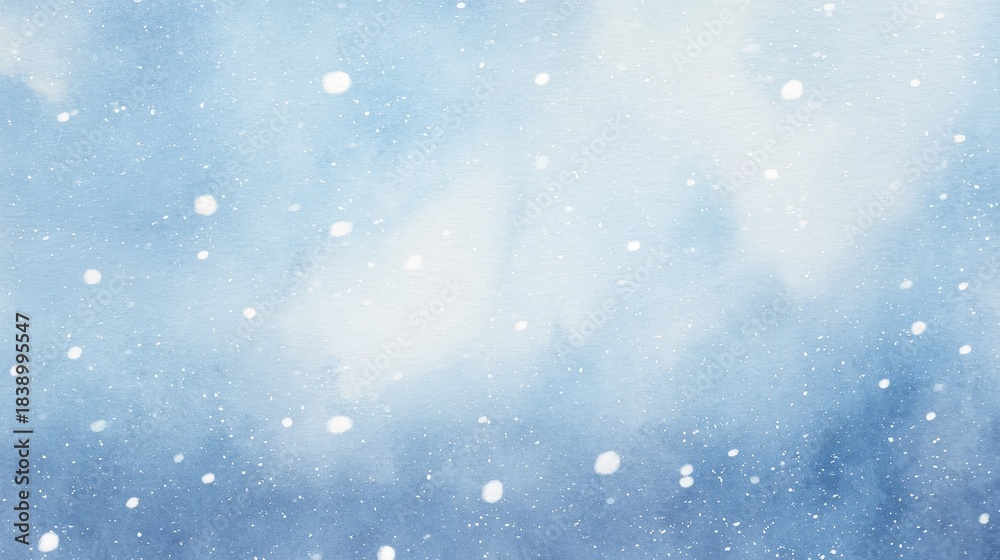Fototapeta premium Abstract watercolor painting of soft white snow falling against a blue sky, calm and warm atmosphere, gentle textures and subtle details, serene winter mood, artistic and tranquil composition.