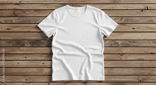 Blank white tshirt mockup lying flat on a rustic wooden table, perfect for showcasing custom designs or branding in a casual style