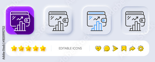 Wallet line icon. Neumorphic, Flat shadow, 3d buttons. Money account statistics sign. Cash budget symbol. Line wallet icon. Social media icons. Vector