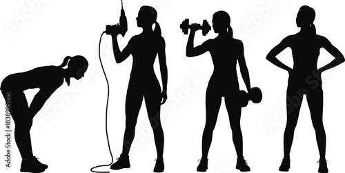 Fitness silhouette poses, workout figure icons, strength training vector set, exercise graphic shapes, active lifestyle clipart, flat vector illustration