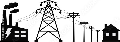 Electric power generation and distribution system showing plant, transmission tower, utility poles, and home connection pathway, flat vector illustration design