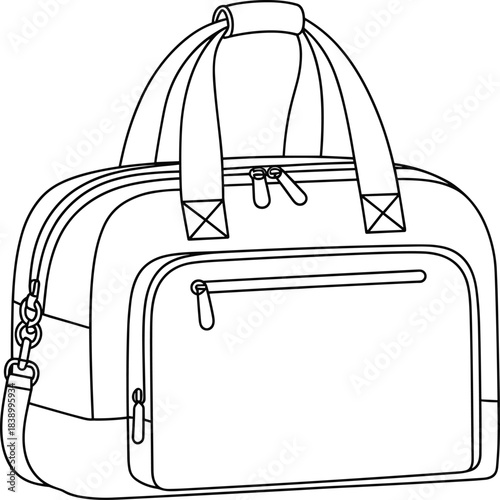 Duffel bag line drawing with zippered compartments, detachable strap and handle grip, fashion travel gear, flat vector illustration