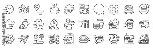 Food delivery line icons. Settings gear, Message, Inflation icons. Online order, Eat pizza, Fast grocery service. Home delivery, Burger or cheeseburger, Courier with food outline icons. Vector
